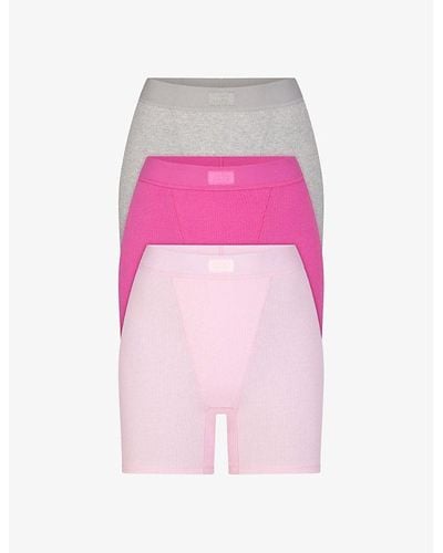 Skims Cotton Rib Pack Of Three Stretch-cotton Boxer Short - Pink