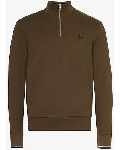 Fred Perry Ringer Logo-embroidered Half-zip Cotton-jersey Sweatshirt - Brown