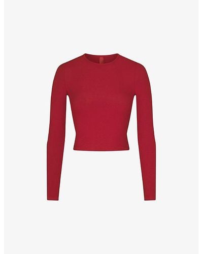 Skims Soft Lounge Long-sleeve Cropped Stretch-jersey Top - Red