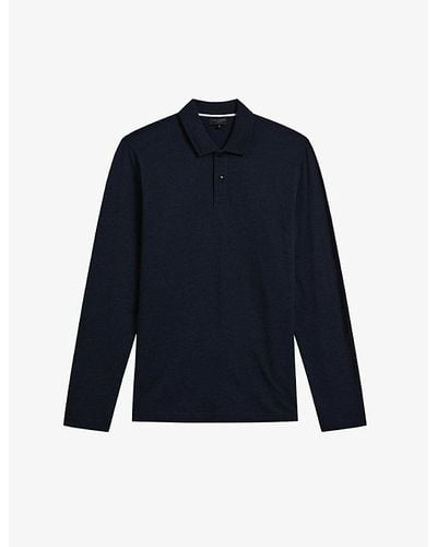 Ted Baker Enio Long-sleeve Cotton And Cashmere-blend Polo Shirt - Blue