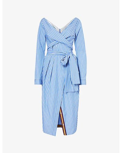 Dries Van Noten V-neck Striped Cotton Midi Dress - Blue