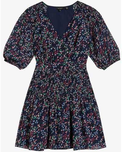 Ted Baker Dk-vy Casadee Graphic-print Wrap-effect Recycled-polyester Mini Dress - Blue