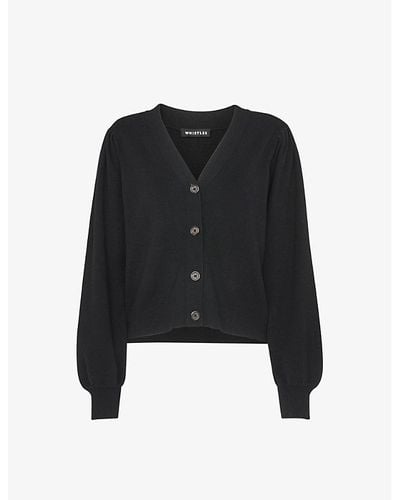 Whistles V-neck Puff-sleeved Cotton-blend Cardigan - Black