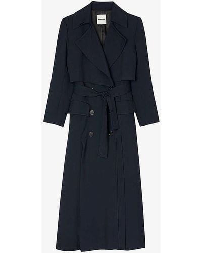 Sandro Oversized-lapel Belted Woven Trench Coat - Blue