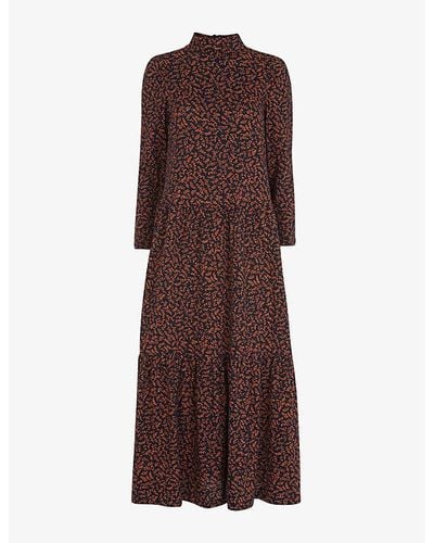 Whistles Leaves-print Tiered Cotton-jersey Midi Dress - Brown