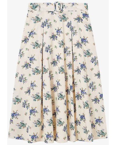 LK Bennett Elodie Floral-print Belted-waist Cotton Midi Skirt - White