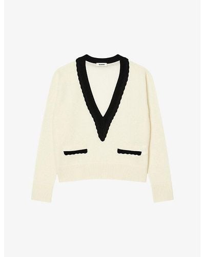 Sandro Contrast-trim V-neck Wool And Cashmere Sweater - Natural