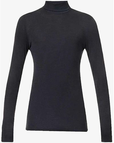 Hanro High-neck Brushed Wool And Silk-blend Top - Blue