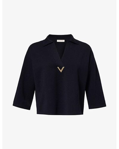 Valentino Garavani Vy V-neck Logo-plaque Wool Jumper - Blue