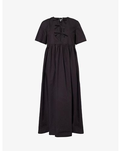 Ganni V-neck Bow-embellished Organic-cotton Midi Dress - Black