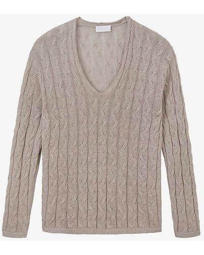 The White Company V-neck Cable-knit Linen Jumper - Grey
