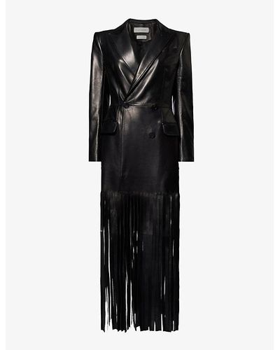 Alexander McQueen Fringed-hem Peak-lapel Leather Coat - Black