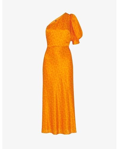 Whistles Sally One-shoulder Abstract-print Woven Midi Dress - Orange