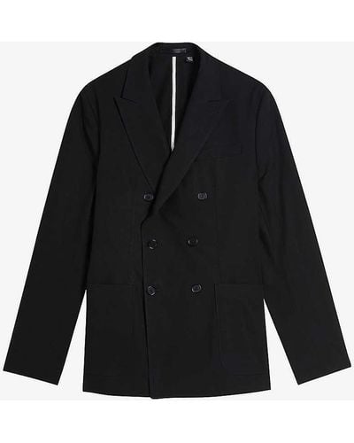 Ted Baker Slim-fit Double-breasted Cotton And Linen-blend Blazer - Black