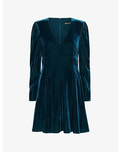 Whistles Charley Flared Velvet Mini Dress - Blue