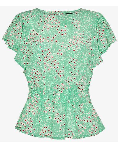 Whistles Daisy Meadow Frill-sleeve Woven Top - Green
