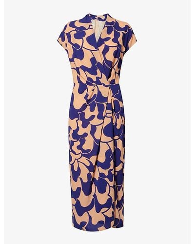 Dries Van Noten Abstract-pattern V-neck Stretch-woven Midi Dress - Blue