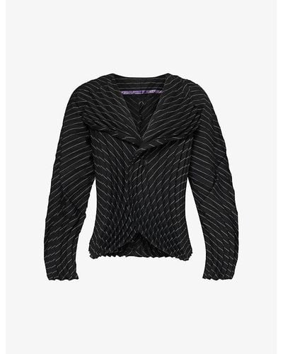Issey Miyake Curved Pleated Pinstriped Wool-blend Jacket - Black