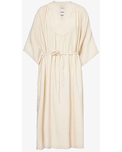 Yves Salomon Pleated Relaxed-fit Silk-blend Midi Dress - Natural