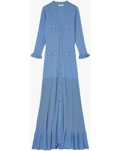 Sandro Button-up Stretch-knit Midi Dress - Blue