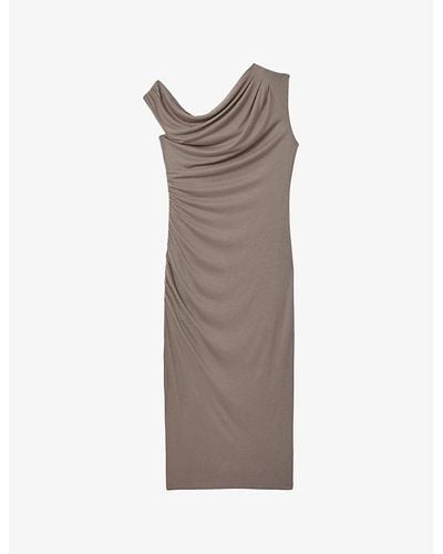 Reiss Fern Ruched Woven Midi Dres - Brown