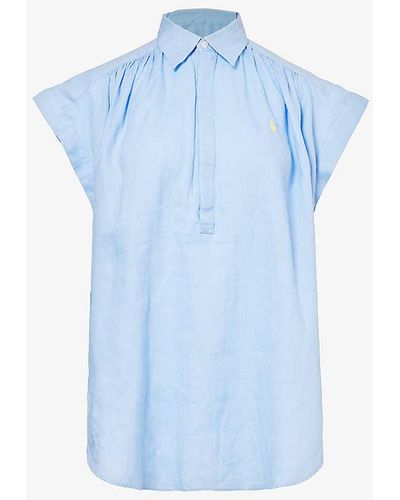 Polo Ralph Lauren Logo-embroidered Frill-sleeve Linen Shirt - Blue