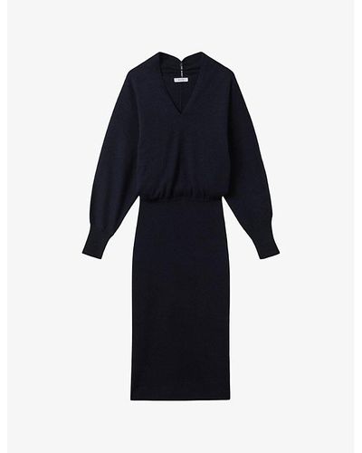 Reiss Sally V-neck Long-sleeve Wool And Cashmere-blend Midi Dress - Blue