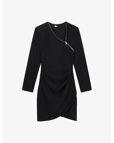 The Kooples Zip-neck Long-sleeve Stretch-woven Mini Dress X - Black