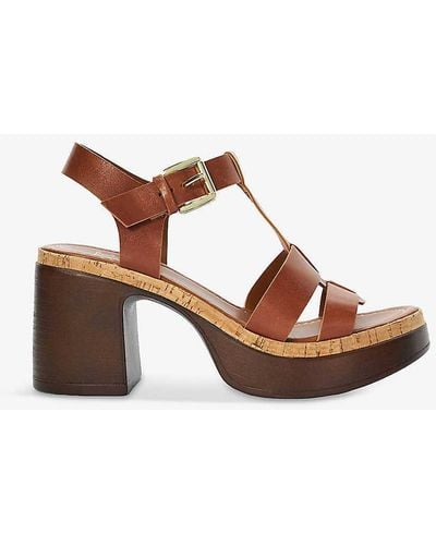 Dune Jungle T-bar Leather Heeled Sandals - Brown