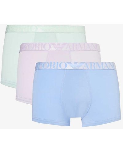 Emporio Armani Branded-waistband Pack Of Three Stretch-organic-cotton Trunks - Blue