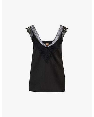 BOSS V-neck Lace-trim Recycled-polyester Cami Top - Black