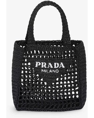 Prada Small Logo-embroidered Crochet Tote Bag - Black