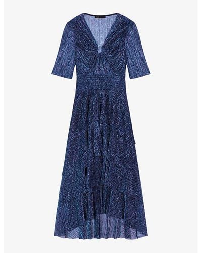 Maje Ruffle-trim Woven Midi Dress - Blue