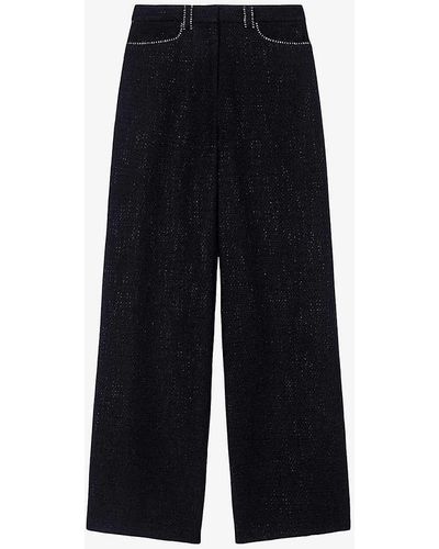 Maje Contrast-stitch Wide-leg Mid-rise Tweed Trousers - Blue