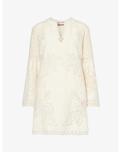 Valentino Garavani V-neck Floral-pattern Cotton-blend Mini Dress - White