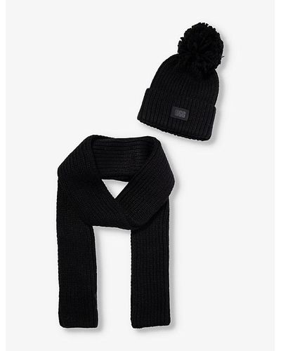 UGG Pom Pom Brand-patch Knitted Hat And Scarf Set - Black