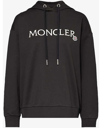Moncler Logo-embroidered Ribbed-trim Cotton Hoody - Black
