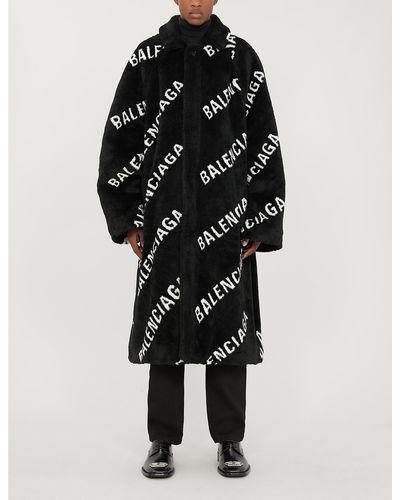 Balenciaga Oversized Logo-print Faux-fur Coat - Black