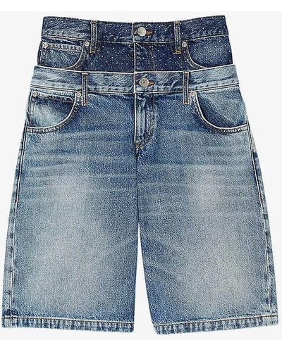 Sandro Double-waistband Crystal-embellished Denim Shorts - Blue