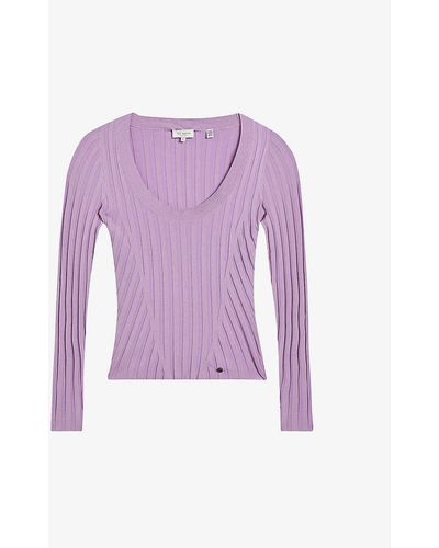 Ted Baker Jolia Ribbed Scoop-neck Stretch-knit Top - Purple