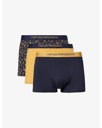 Emporio Armani Branded-waistband Pack Of Three Cotton Trunks - Blue