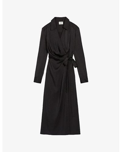 Claudie Pierlot Raquela Long-sleeve Wrap-over Woven Midi Dress - Black