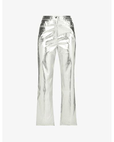 Miayilima Plus Size Pants Silver Metallic Straight Leg Pants for