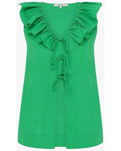 OMNES Rachael Frill-trim V-neck Cotton-blend Blouse - Green