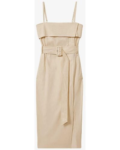 Reiss Dhalia Straight-neck Belted Stretch-cotton Midi Dress - Natural