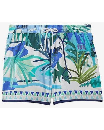 Reiss Greenhuwai Tropical-print Regular-fit Stretch Recycled-polyester Swim Shorts - Blue