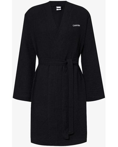 Calvin Klein Logo-embroidered Waffle-textured Cotton And Recycled-polyester Robe - Blue