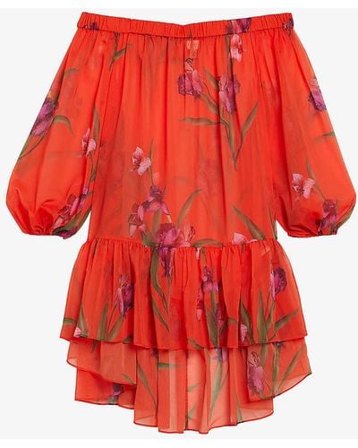 Ted Baker Ariizon Floral-print Off-shoulder Woven Cover-up - Red