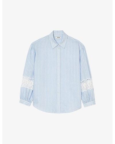 Sandro Lace-trim Striped Linen-blend Shirt - Blue