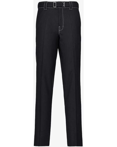 Prada Brand-plaque Drawstring-waistband Straight-leg Slim-fit Wool Trousers - Blue